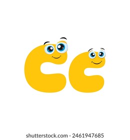 Cute Yellow Funny alphabet character Letter C Isolated on white background. Cartoon Illustration of Uppercase and Lowercase Letter C. Illustrated Alphabet Characters with funny eyes.