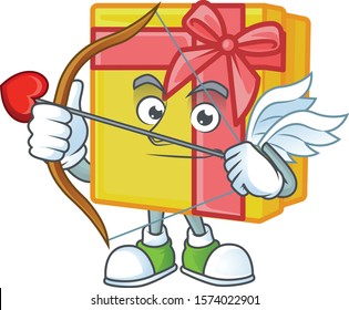 Cute yellow gift box Cupid cartoon character with arrow and wings