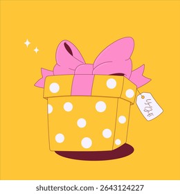 Cute yellow gift box with white polka dots and big pink bow. Flat cartoon style illustration on yellow background. Perfect for birthdays, holidays, shopping and celebration designs.