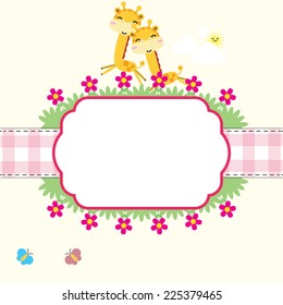 Cute yellow giraffe with a flower. Vector illustration of giraffe with place for text