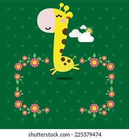 Cute yellow giraffe with a flower. Vector illustration of giraffe with place for text