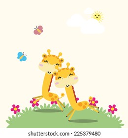 Cute yellow giraffe with a flower. Vector illustration of giraffe with place for text