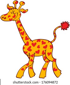 Cute yellow giraffe walking proudly while showing its heart shaped red spots