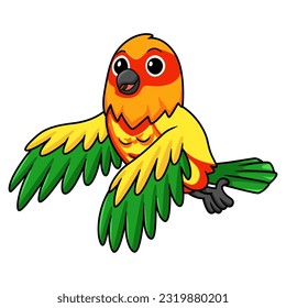 Cute yellow and green parrot lovebird cartoon flying