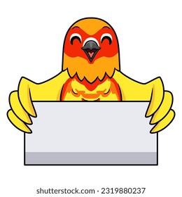 Cute yellow and green parrot lovebird cartoon holding blank sign