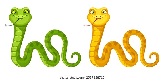 Cobra amarela e verde bonita. Réptil sorridente divertido, símbolo do zodíaco do Ano Novo Chinês de 2025. Ilustração de vetor de desenhos animados