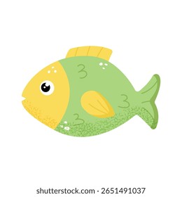 Cute yellow and green tropical fish illustration. Vector sea animal. Isolated on white background.
