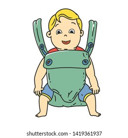 cute yellow hair baby with green baby carrier cartoon hand drawn style drawing.