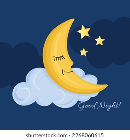 Cute yellow half-moon in the night sky with stars and lettering good night.