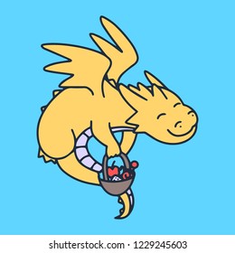 Cute yellow handdrawn dragon happily carrying candy