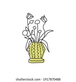 Un jarrón de color amarillo. Ilustración vectorial con flores de jardín. Bouquet de rosa flor y tulipán sobre el fondo blanco.