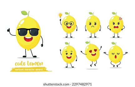 Carácter lindo amarillo feliz limón. Divertido emoticono de fruta en estilo plano. Ilustración vectorial Emoji de expresión facial diferente. Alimentos vegetarianos sanos