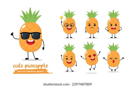 Cute yellow happy pineapple character. Funny fruit emoticon in flat style. Different Face Expression Emoji vector illustration.