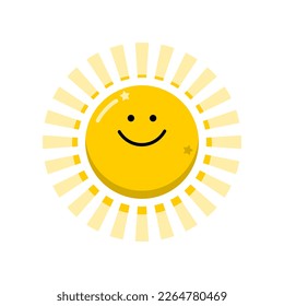 Cute yellow happy sun smile with sunshine light ray drawing doodle cartoon icon flat vector design