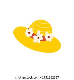 Un sombrero amarillo lindo. Sombrero dibujado a mano con flores al estilo de las caricaturas. La ropa de verano aislaba elementos. Ilustración del vector