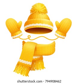 Cute yellow hat with pretty bubo on it, scarf and gloves with white lines vector illustration of knitted clothes for winter isolated on white backdrop