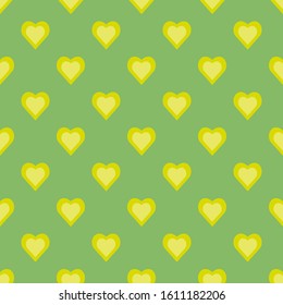 Cute yellow hearts seamless pattern isolated on green background. Flat vector illustration.