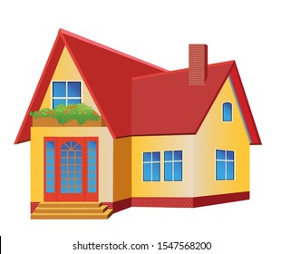 Cute yellow house with red roof. With beautiful flowers growing on the balcony. Vector illustration on white background.