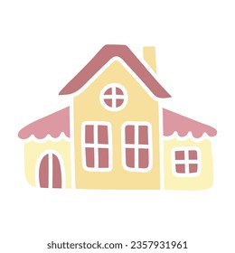 Cute yellow house. Simple hand drawn vector illustration. Cartoon flat kawaii hut. Doodle art. Clipart isolated on white background. Graphic element for design of children`s products.