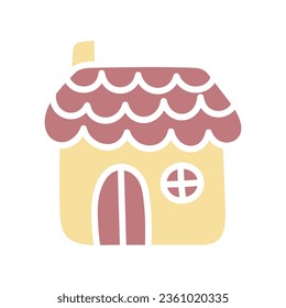 Cute yellow house. Simple hand drawn vector illustration. Cartoon flat kawaii hut. Doodle art. Clipart isolated on white background. Graphic element for design of children`s products.