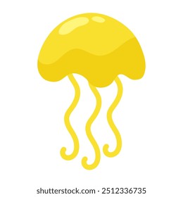 Cute yellow jellyfish with curly tentacles in simple cartoon style Vector illustration