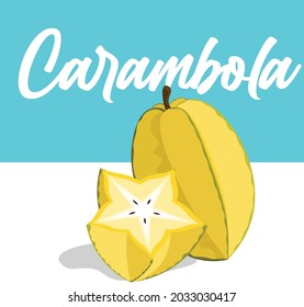 cute yellow  juicy carambola vector  illustration for the postcard, poster, background, sticker, digital art