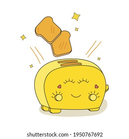 Cute Yellow Kawaii Toaster, Smiley With Eyes, Cartoon Character. Icon, Stamp, Menu Item. Vector Illustration Isolated On White Background.