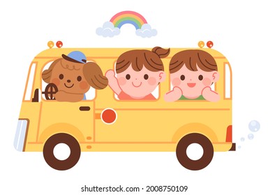 Cute yellow kindergarten bus and children. Kindergarten elements concept vector illustration.