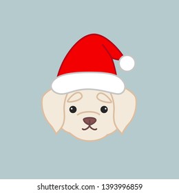 Cute Yellow Labrador Retriever Head Wears Santa Hat for Christmas. Winter Holiday Cartoon Vector Illustration