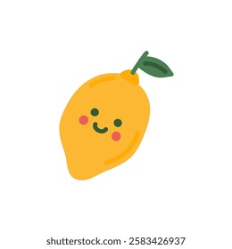 Cute yellow lemon doodle style. Smile simple citrus fruit for card, print, banner, poster, template. Cartoon funny character for children. Hand drawn illustration isolated on white background.