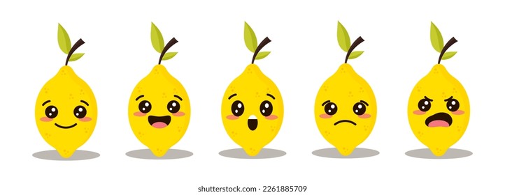 Cute yellow lemon emoticon set. Funny fruit emoji collection. Happy cartoon lemon. Healthy vegetarian food character
