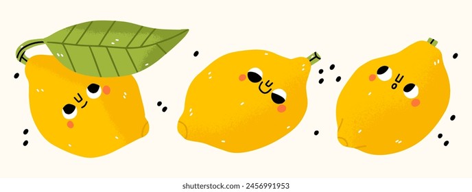 Cute yellow lemon emoticon set. Funny fruit emoji collection. Happy hand draw cartoon lemon. Healthy vegetarian food character. Trendy cartoon stickers, decorative abstract characters. Kawaii lemon