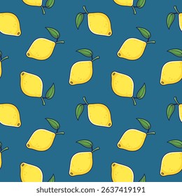 Cute yellow Lemon seamless pattern in doodle style on blue background. Vector hand drawn cartoon Lemon illustration. Hand drawn Sketch of Lemon. Pattern for kids clothes.