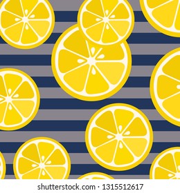 Cute yellow lemon slices on striped grey and blue background. Great for print on fabric and children clothes. Vector illustration. 