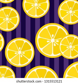 Cute yellow lemon slices on striped purple background. Great for print on fabric and children clothes. Vector illustration. 