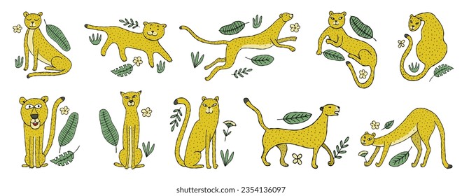 Cute yellow leopard, icons collection. Nice animal character for various prints and designs. Vector illustration in flat style