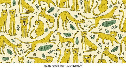 Cute yellow leopards family, seamless pattern background