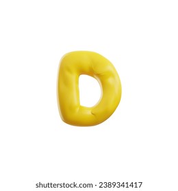 Cute yellow letter D in plasticine art, realistic 3D vector illustration isolated on white background. Cartoon font, funny object or simple icon for design. Decoration plasticine element