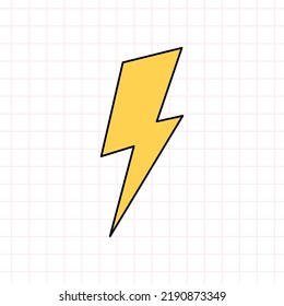 Cute yellow lightning bolt in the style of the 90s. Vector hand-drawn doodle illustration isolated on white background. Nostalgia for the 1990s. Perfect for cards, decorations, logo, stickers.
