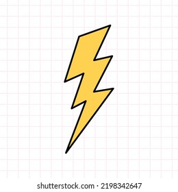 Cute yellow lightning bolt in the style of the 90s. Vector hand-drawn doodle illustration isolated on white background. Nostalgia for the 1990s. Perfect for cards, decorations, logo, stickers.