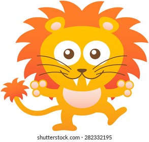 Cute yellow lion with bulging eyes, sharp teeth, long whiskers and orange mane while balancing its body, opening its arms as for hugging someone and smiling enthusiastically