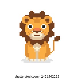 Cute yellow lion, cartoon pixel art character isolated on white background. Symbol of Africa. Wildlife carnivore.Old school 8 bit slot machine icon.Retro 80s-90s video game graphics.