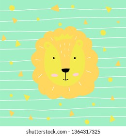 Cute yellow lion head drawing with green background. Doodle illustration