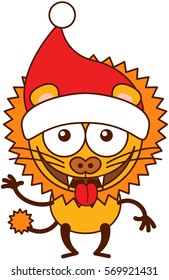 Cute yellow lion with sharp teeth, big mane and wearing a Christmas Santa hat while wide opening its eyes, waving, smiling enthusiastically, making funny faces and greeting