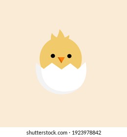 Cute yellow little chicken in a cracked egg shell on a beige background. Easter theme. Vector graphics.