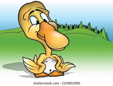 Cute Yellow Little Duck - Colored Cartoon Illustration with Background, Vector