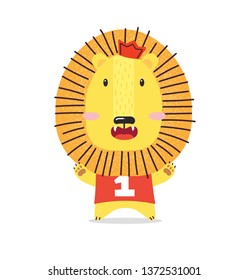 Cute yellow little lion smiling. Kawaii lion cub is the king of the beasts, the first among animals. Savannah, Africa. Flat hand drawn illustration kid's poster. Cartoon animal character set.