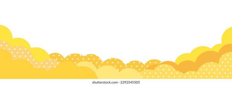 Cute yellow long horizontal frame banner background with fluffy cloud shape and polka dots. Space for text.