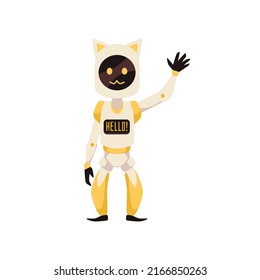 Cute yellow mascot robot with cat face and ears saying hello and waving flat style, vector illustration isolated on white background. Modern technologies, artificial intelligence