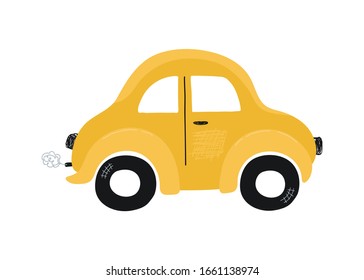 Cute yellow micro kids car isolated on a white background. Icon in hand drawn style for design of children's rooms, clothing, textiles. Vector illustration